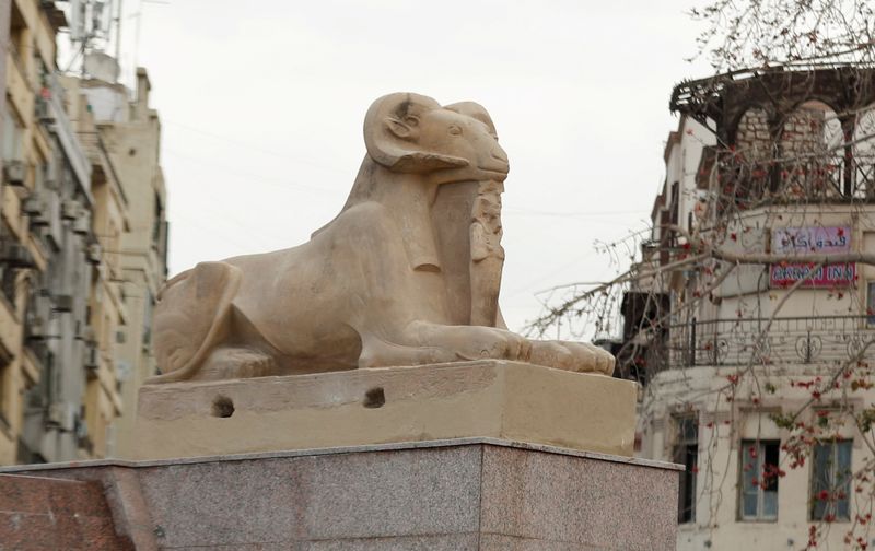 &copy; Reuters. FILE PHOTO: A pharaonic ram is seen after the renovation of Tahrir Square for transfering 22 mummies from the Egyptian Museum, in Tahrir, to the National Museum of Egyptian Civilization, in Fustat, amidst the outbreak of coronavirus disease (COVID-19), in