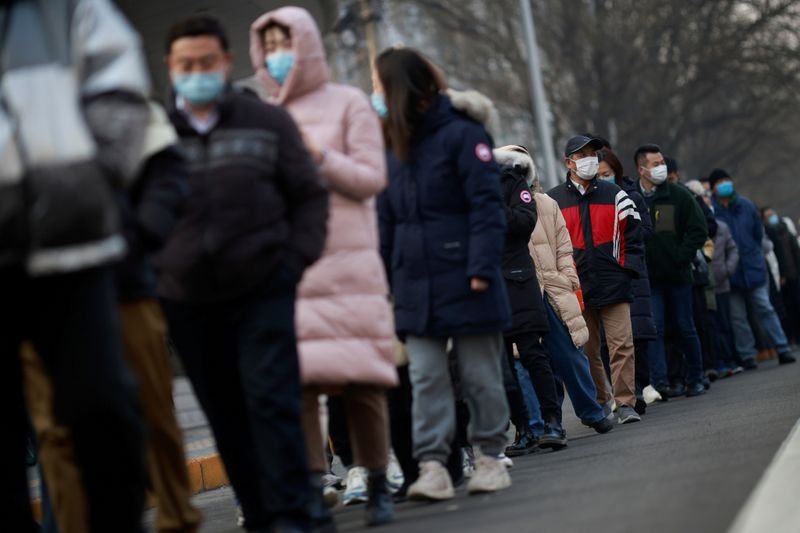 &copy; Reuters. FILE PHOTO: People line up to get their nucleic acid test at a mass testing site following the outbreak of the coronavirus disease (COVID-19) in Beijing