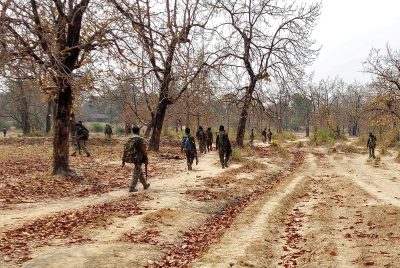 &copy; Reuters. Security force personnel patrol after an attack by Maoist fighters in Bijapur