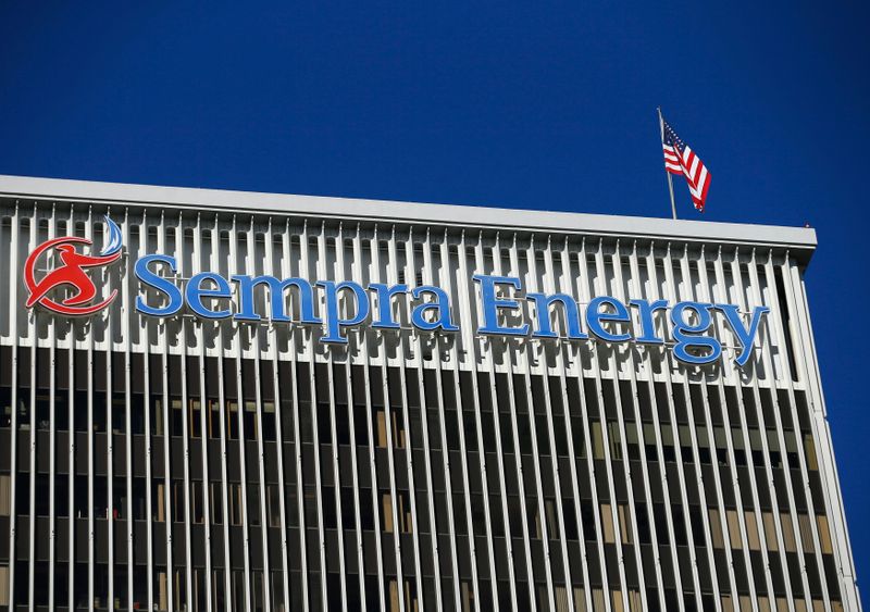 &copy; Reuters. The Sempra Energy logo is shown on the side of a building in San Diego, California