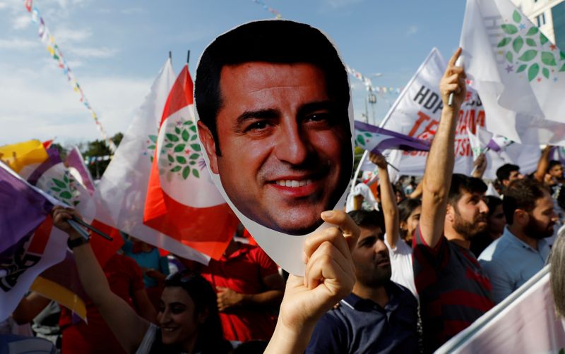 © Reuters. USNFILE PHOTO: A supporter of Turkey's main pro-Kurdish Peoples' Democratic Party holds a mask of their jailed former leader and presidential candidate Selahattin Demirtas during a rally in Ankara