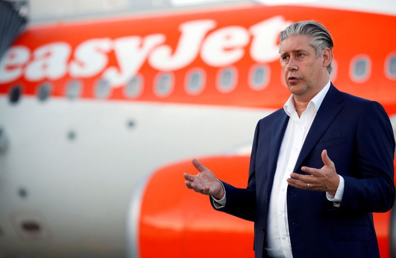 &copy; Reuters. FILE PHOTO: EasyJet CEO Johan Lundgren gestures as he talks to media at Gatwick Airport