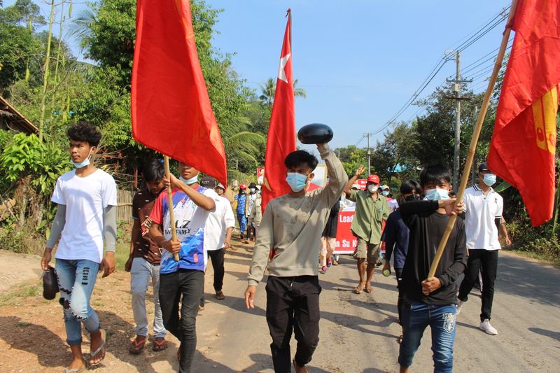 &copy; Reuters. Protest against the military coup, in Launglon township