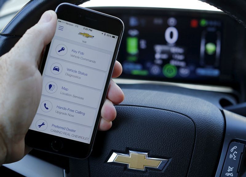 &copy; Reuters. FILE PHOTO: A mobile phone displays the OnStar app inside a Chevrolet Volt vehicle in this photo illustration taken in Encinitas