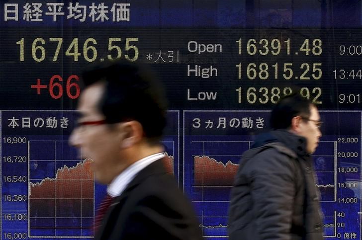 &copy; Reuters. People walk past an electronic board displaying the Nikkei average outside a brokerage in Tokyo