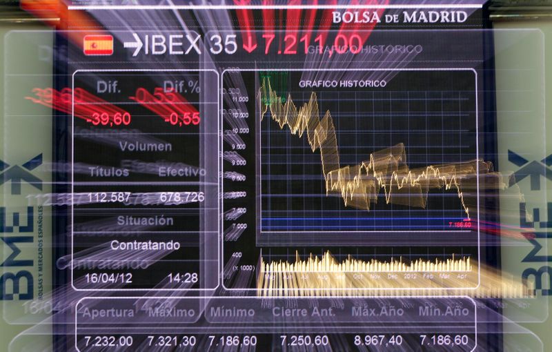 © Reuters. FOTO DE ARCHIVO: Un panel electrónico muestra el índice Ibex-35 en la bolsa de Madrid