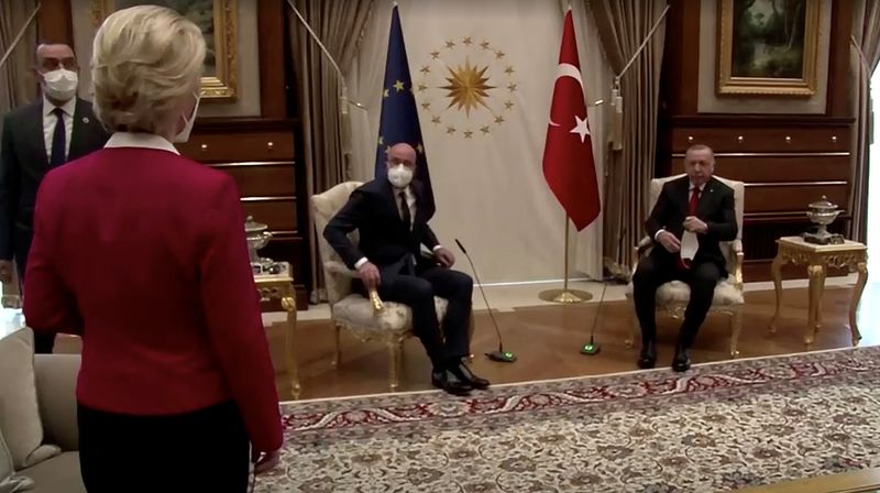 &copy; Reuters. European Commission President Ursula von der Leyen stands as European Council President Michel and Turkish President Erdogan take seats in Ankara