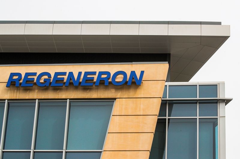 &copy; Reuters. FILE PHOTO: The Regeneron Pharmaceuticals company logo is seen on a building at the company&apos;s Westchester campus in Tarrytown