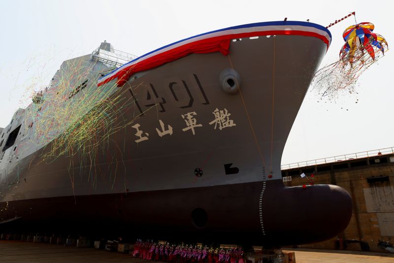 &copy; Reuters. Taiwan Navy&apos;s domestically built amphibious transport dock &quot;Yushan&quot; is seen during its launching ceremony in Kaosiung