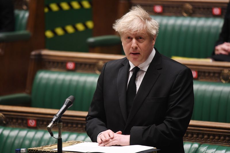 &copy; Reuters. Britain&apos;s Prime Minister Boris Johnson speaks during a tribute to HRH Prince Philip, Duke of Edinburgh in London