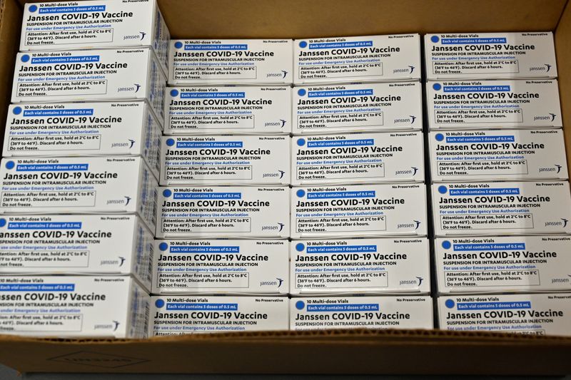 &copy; Reuters. FILE PHOTO: Boxes of the Johnson &amp; Johnson COVID-19 vaccine are seen at the McKesson Corporation, in Shepherdsville