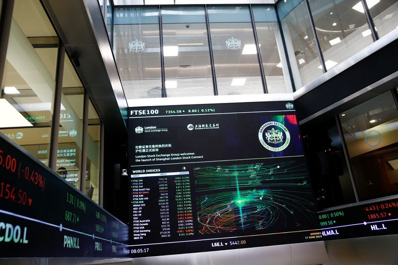 &copy; Reuters. A trading screen is seen following the opening of the markets by British Chancellor of the Exchequer Philip Hammond and Chinese Vice-Premier Hu Chunhua at  the London Stock Exchange in London