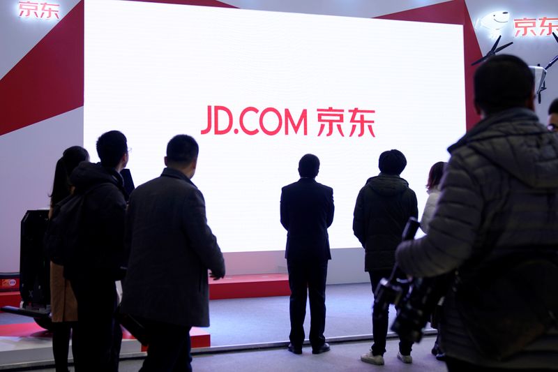 &copy; Reuters. A JD.com sign is seen during the fourth World Internet Conference in Wuzhen