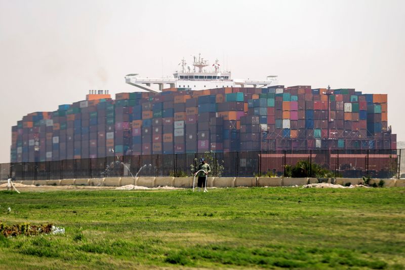 &copy; Reuters. A ship is seen after sailing through Suez Canal, in Ismailia