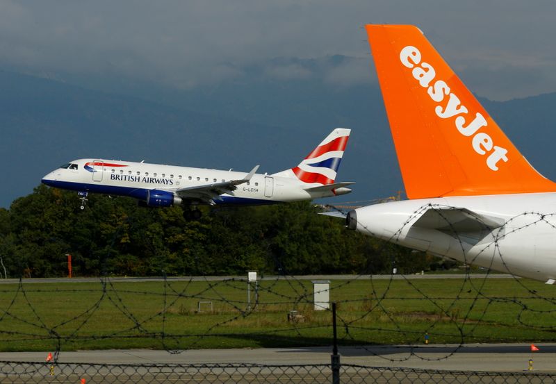 &copy; Reuters. FILE PHOTO: A British Airways aircraft lands next to a EasyJet plane ready for take off at Cointrin airport in Geneva