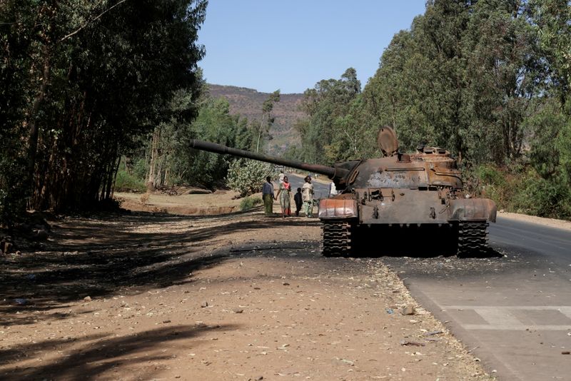 &copy; Reuters. FILE PHOTO: A burned tank stands near the town of Adwa, Tigray region, Ethiopia.