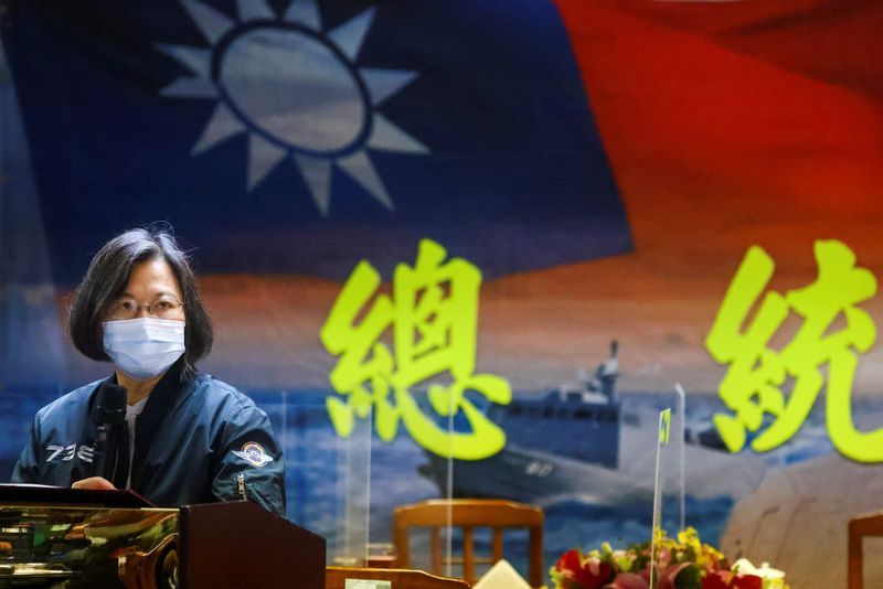 &copy; Reuters. Taiwan&apos;s President Tsai Ing-wen gives a speech after visiting the Navy&apos;s 131st Fleet in Keelung