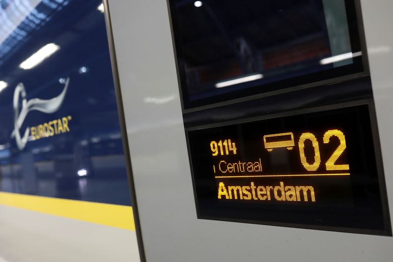 &copy; Reuters. The destination is seen on the door of a Eurostar train bound for Amsterdam at St Pancras station in London