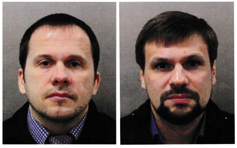 © Reuters. FILE PHOTO: Two men using the aliases Alexander Petrov and Ruslan Boshirov, who were formally accused of attempting to murder former Russian intelligence officer Sergei Skripal and his daughter Yulia in Salisbury, are seen in an image handed out by the Met