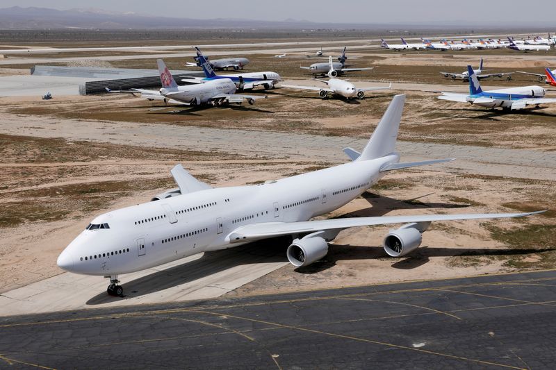 &copy; Reuters. FILE PHOTO: A Boeing 747-8, one of two that had originally been ordered by a now-bankrupt Russian airline, is seen parked at Victorville Airport