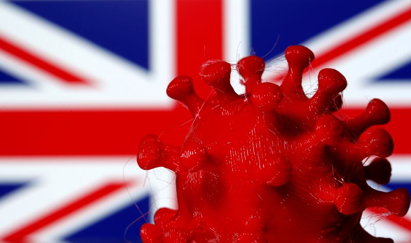 &copy; Reuters. FILE PHOTO: A 3D-printed coronavirus model is seen in front of a British flag on display in this illustration