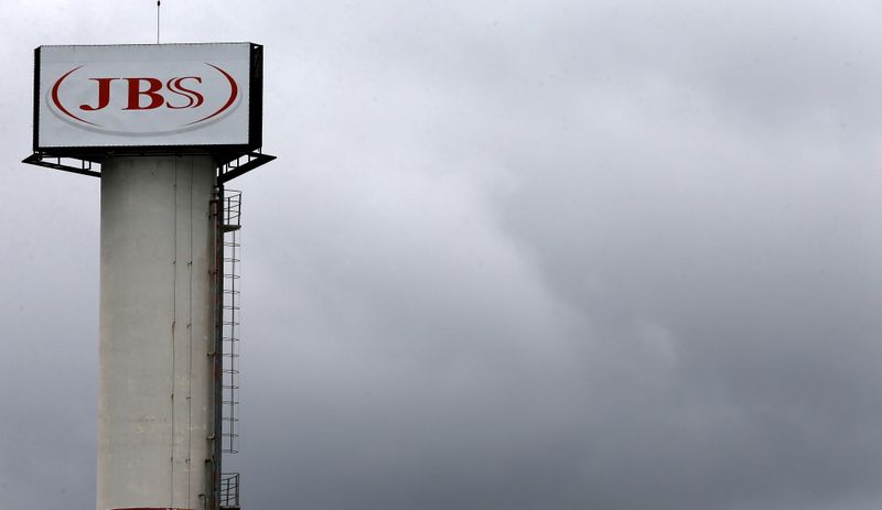 &copy; Reuters. FILE PHOTO: The logo of Brazilian meatpacker JBS SA is seen in the unit   in the city of Jundiai