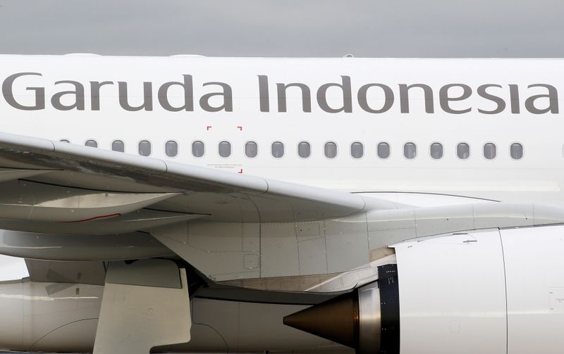 &copy; Reuters. FILE PHOTO: The logo of Garuda Indonesia is pictured on an Airbus A330 aircraft parked at the aircraft builder&apos;s headquarters of Airbus in Colomiers