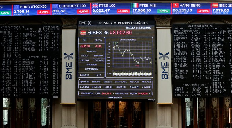 &copy; Reuters. Tableros electrónicos en la bolsa de Madrid