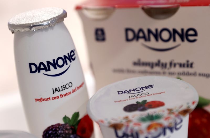 &copy; Reuters. Company logos are seen on products displayed before French food group Danone 2019 annual results presentation in Paris