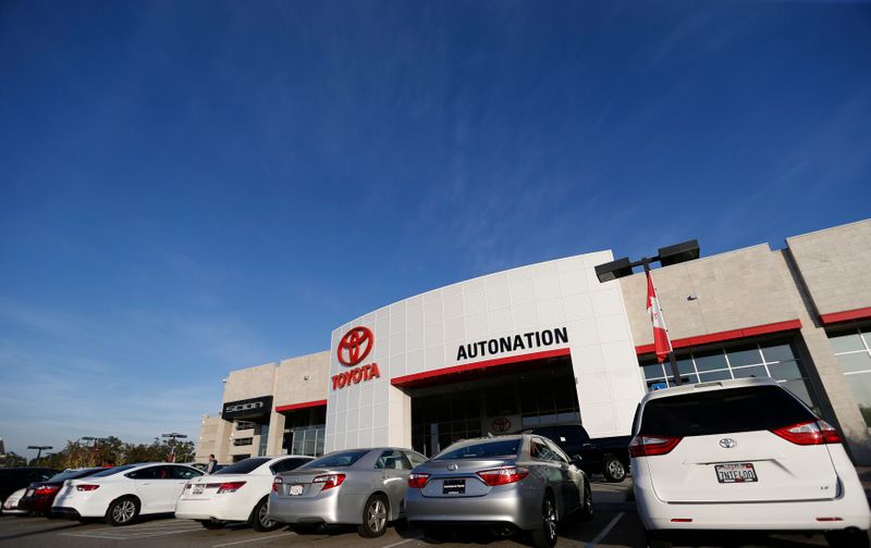 &copy; Reuters. Vehicles for sale are pictured on the lot at AutoNation Toyota dealership in Cerritos
