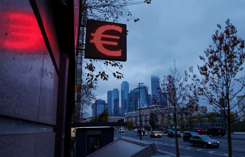 &copy; Reuters. Advertisement board showing sign of the euro  is seen next to skyscrapers of Moskva-City businesss district in Moscow