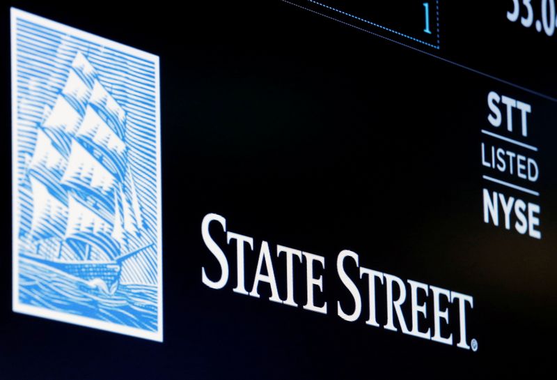 &copy; Reuters. FILE PHOTO: The ticker and logo for State Street Corporation is displayed on a screen at the post where it&apos;s traded on the floor of the NYSE