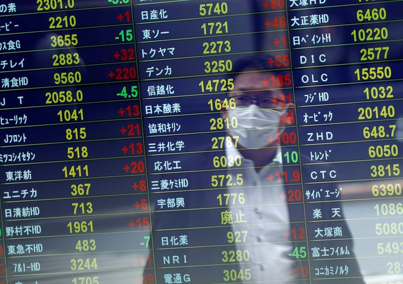 &copy; Reuters. A man wearing a protective face mask is reflected on a stock quotation board at a brokerage, amid the coronavirus disease (COVID-19) outbreak, in Tokyo