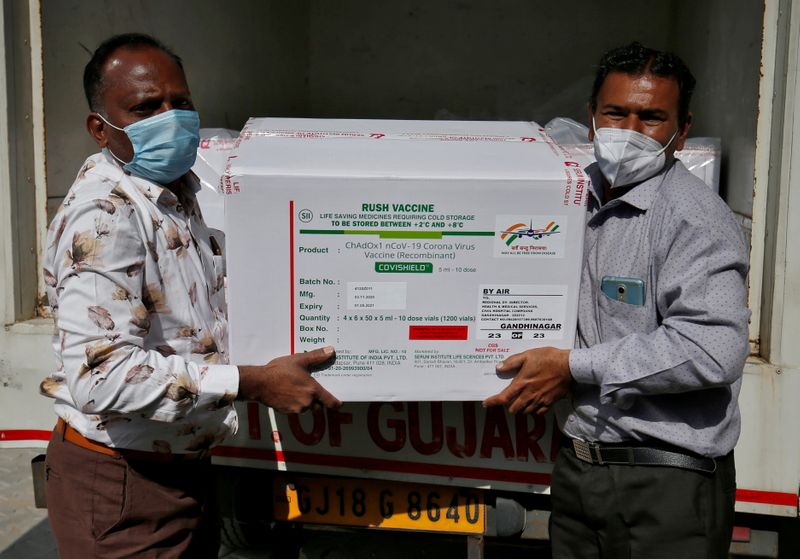 &copy; Reuters. FILE PHOTO: Officials unload boxes containing vials of COVISHIELD vaccine outside a vaccination storage centre in Ahmedabad