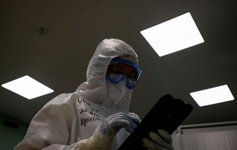 &copy; Reuters. Temporary hospital for COVID-19 patients inside exhibition pavilion in Moscow