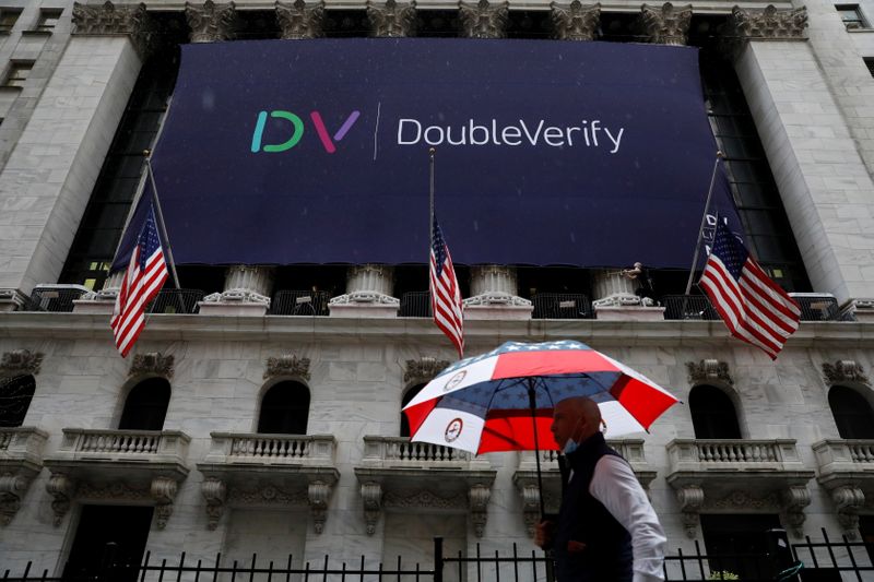 &copy; Reuters. A DoubleVerify Inc. banner is displayed, to celebrate the company&apos;s IPO, on the front facade of the New York Stock Exchange (NYSE) in New York