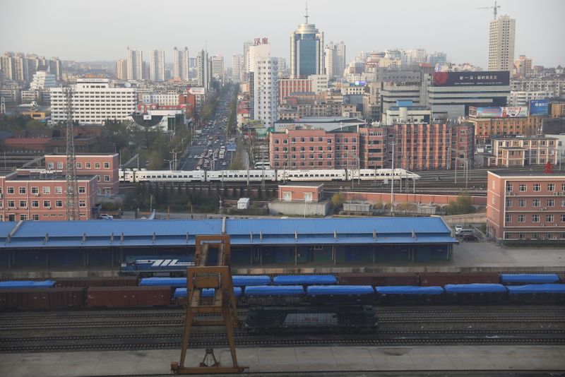&copy; Reuters. Freight cars are seen at a train station in Dandong