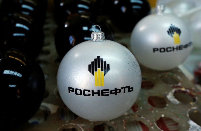 &copy; Reuters. Christmas and New Year decorations depicting a Russia&apos;s Rosneft oil company logo at the &quot;Biryusinka&quot; toy factory in Krasnoyarsk