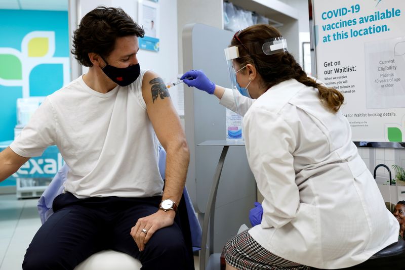&copy; Reuters. Canada&apos;s Prime Minister Justin Trudeau is inoculated with AstraZeneca&apos;s vaccine against coronavirus disease in Ottawa