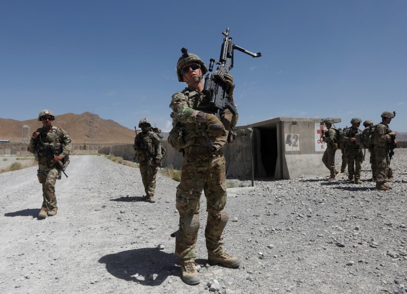 &copy; Reuters. FILE PHOTO: U.S. troops patrol at an Afghan National Army (ANA) base in Logar province, Afghanistan