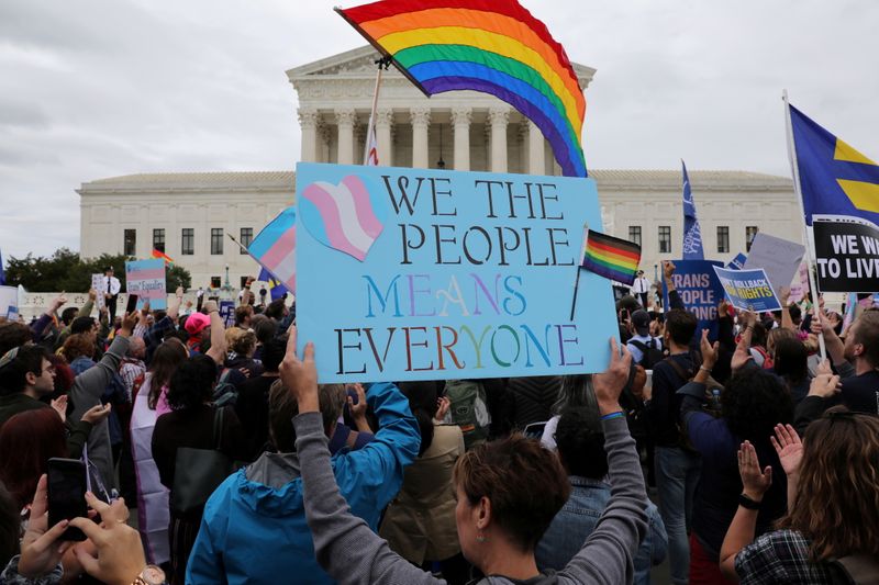 &copy; Reuters. FILE PHOTO: LGBTQ activists and supporters rally outside the U.S. Supreme Court in Washington