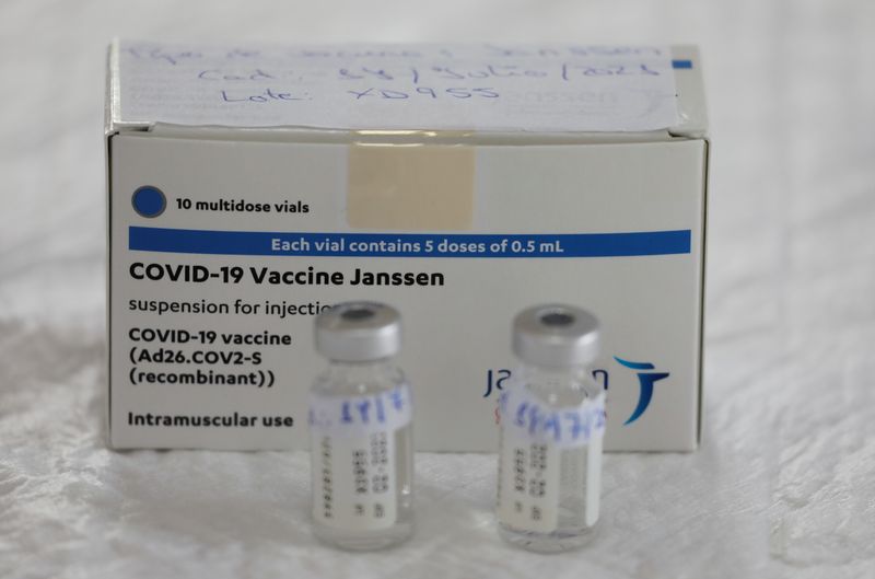 &copy; Reuters. Empty vials of Johnson &amp; Johnson&apos;s coronavirus disease (COVID-19) vaccine are seen on a table at a vaccination centre in Ronda