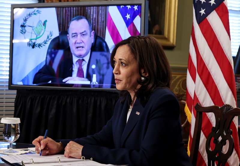 &copy; Reuters. U.S. Vice President Harris holds videoconference with Guatemala&apos;s President Giammattei at the White House in Washington