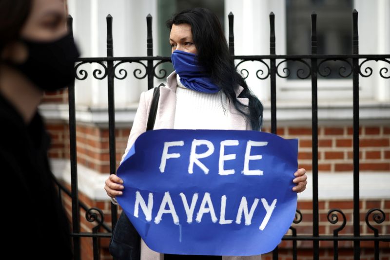 © Reuters. FILE PHOTO: Navalny supporters hold a rally in London