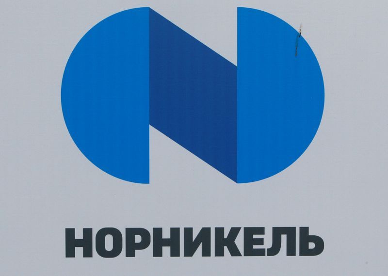 &copy; Reuters. FILE PHOTO: The logo of Russia&apos;s miner Nornickel is seen at the SPIEF 2017 in St. Petersburg