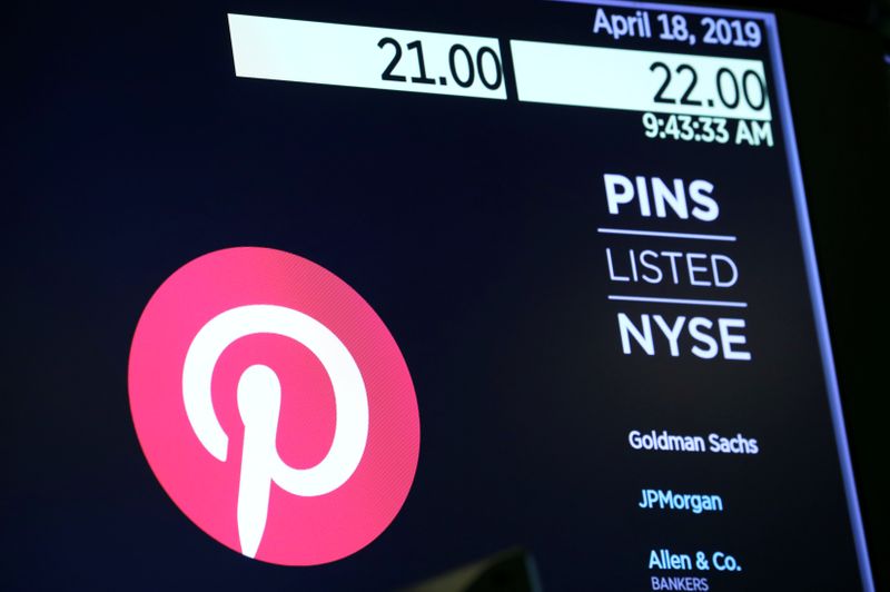 &copy; Reuters. The company logo for Pinterest, Inc. with trading information is displayed on a screen at the NYSE in New York