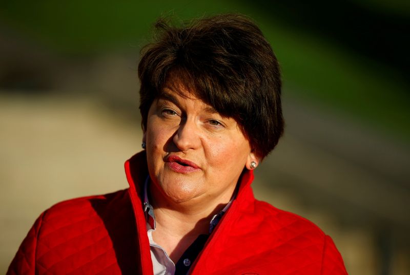 &copy; Reuters. FILE PHOTO: Northern Ireland&apos;s First Minister Foster talks during a television interview outside the Stormont Parliament building in Belfast