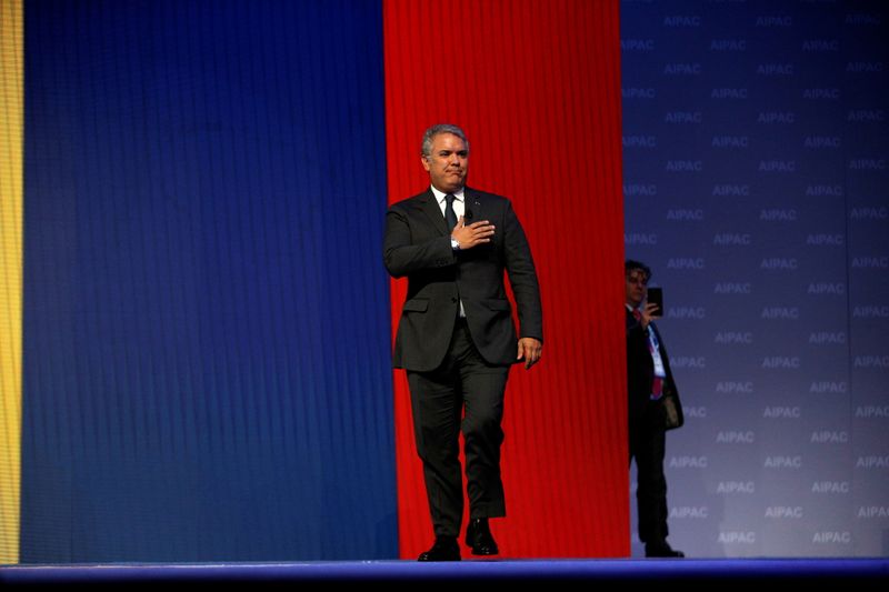&copy; Reuters. FILE PHOTO: Colombian President Ivan Duque Marquez delivers remarks during the AIPAC convention at the Washington Convention Center in Washington