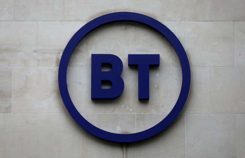 © Reuters. FILE PHOTO: Company's logo is displayed at British Telecom (BT) headquarters in London