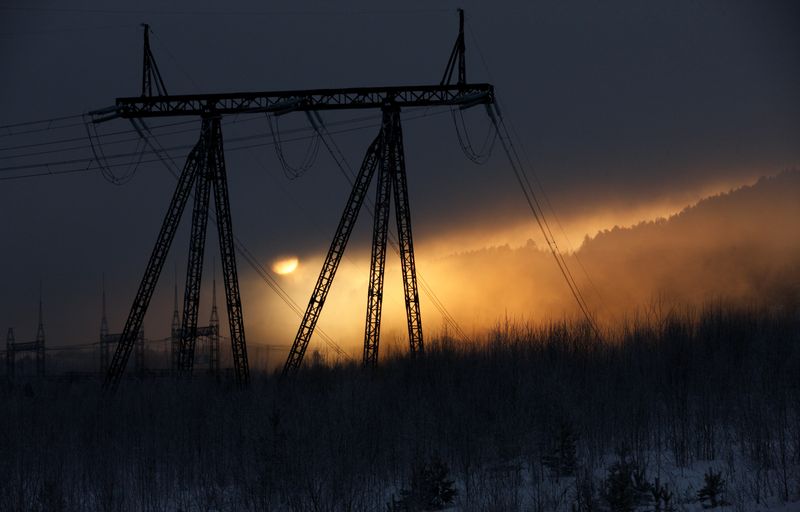 &copy; Reuters. A view shows high voltage electric lines and pylons in a Siberian Taiga forest during sunset near Krasnoyarsk